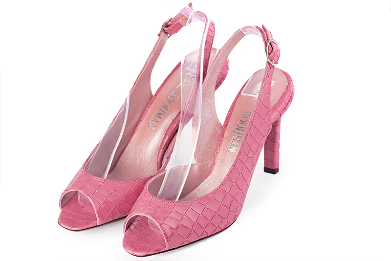 Carnation pink women's slingback sandals. Round toe. High slim heel. Front view - Florence KOOIJMAN